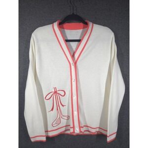 Vtg Preppy Golf Club Cardigan Cream Sweater Pink Trim‎ Bow Embroidery Retro